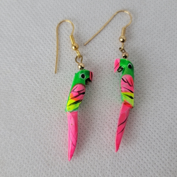Hand Painted Wood Parrot Earrings Neon - Picture 4 of 7